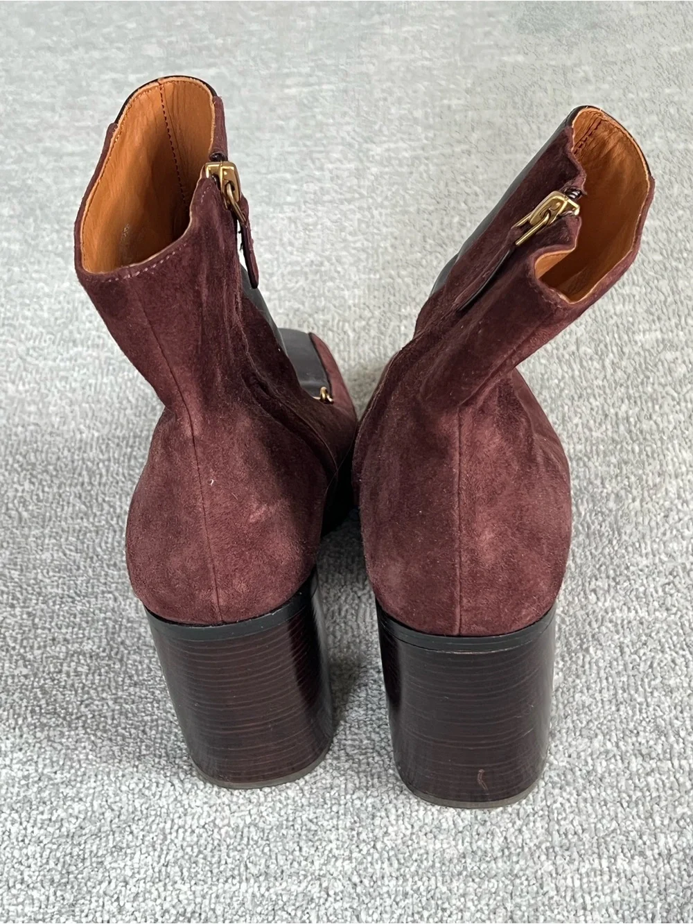 Tory Burch Equestrian Link Dark Brown Suede and Leather Ankle Boots Sz. 8.5